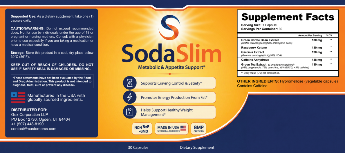 SodaSlim supplement facts label showing the formula with Green Coffee Bean Extract, Raspberry Ketone, Garcinia Extract, Caffeine Anhydrous, and Green Tea Extract.