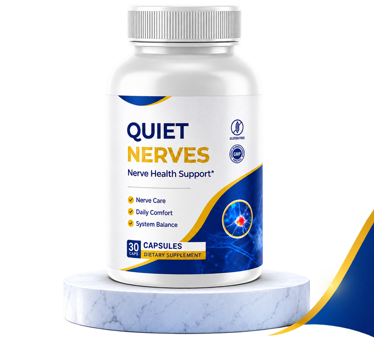 Quiet Nerves nerve health support supplement bottle on a marble podium